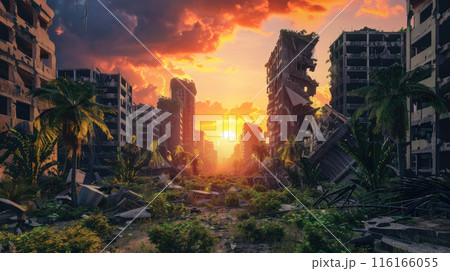 Destroyed city during post apocalypse at sunset, ruined buildings overgrown with tropical plants after end of World. Concept of war, dramatic sky, apocalyptic future, disaster Destroyed city during post apocalypse at sunset, ruined buildings overgrown with tropical plants after end of World. Concept of war, dramatic sky, apocalyptic future, disaster 116166055