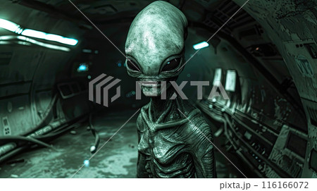 Spooky grey alien in dark grungy room, portrait...のイラスト素材 [116166072 ...