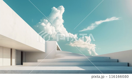 Minimalist design of concrete structure, futuristic modern building on sky background. Concept of future, garage, abstract architecture, stairs, construction. 116166080