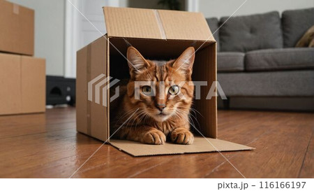 リビングに置かれた段ボール箱に入り込む猫(ソマリ) 116166197