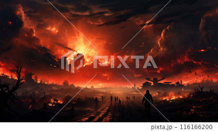 Scary landscape of apocalypse, explosions in dramatic red sky during global war. Futuristic view of apocalyptic atomic disaster. Concept of battlefield, world, epic battle, horror 116166200