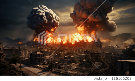 Scary landscape of apocalypse, explosions in dark destroyed city during global war. Futuristic view of apocalyptic atomic disaster. Concept of battlefield, world, future, epic, 116166202