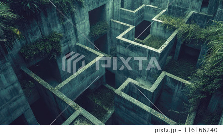 Dark old concrete 3D maze, vintage surreal labyrinth like surreal residential building. Concept of puzzle, problem, uncertainty, illustration, strategy, travel, wall and solution Dark old concrete 3D maze, vintage surreal labyrinth like surreal residential building. Concept of puzzle, problem, uncertainty, illustration, strategy, travel, wall and solution 116166240