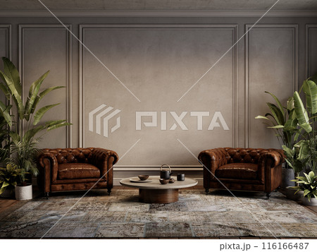 Loft interior with brown leather armchairs, potted plants, moldings, coffee table and decor. 3d render illustration mockup. 116166487