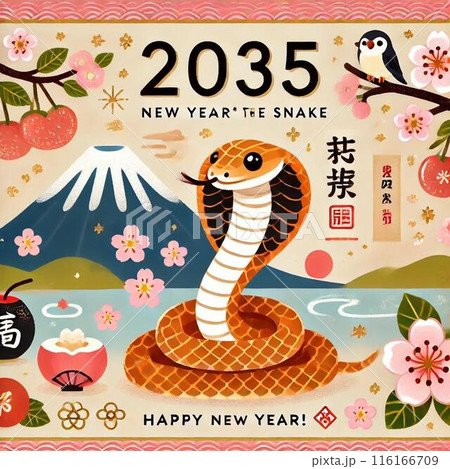 縁起の良い蛇（2035年向け）のイラストの年賀状素材 116166709