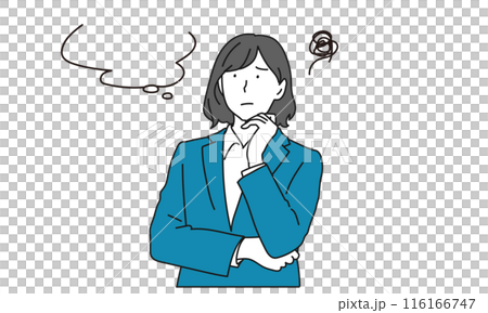 Illustration of a woman in a suit thinking deeply 116166747