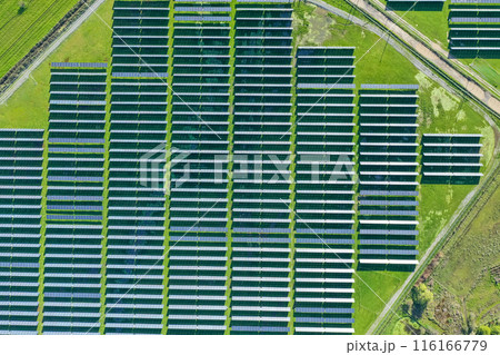 Solar panels on field in summer, aerial drone view 116166779
