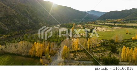 Panoramic view of mountains Andes vallery and road in Chile. Panoramic view of mountains Andes vallery and road in Chile. 116166819