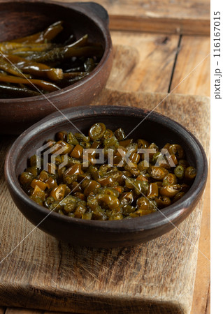 Chilean Australin peruvian seaweed COCHAYUYO. Choped cooked cochayuyo in bowl 116167015