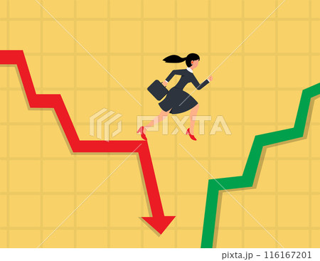 Changing trend on stock exchange. Businesswoman decides to jump another route. Changing trend on stock exchange. Businesswoman decides to jump another route. 116167201