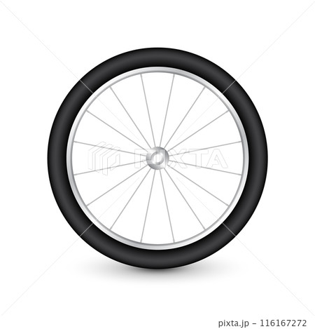 Realistic 3d bicycle wheel. Bike rubber tire, shiny metal spokes and rim. Fitness cycle, touring, sport, road and mountain bike. Vector illustration 116167272