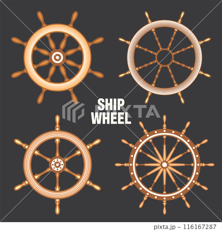 Wooden vintage steering wheels. Ship, sailboat or yacht retro wheel symbol. Brown nautical rudder icon. Marine logotype design element. Vector illustration Wooden vintage steering wheels. Ship, sailboat or yacht retro wheel symbol. Brown nautical rudder icon. Marine logotype design element. Vector illustration 116167287