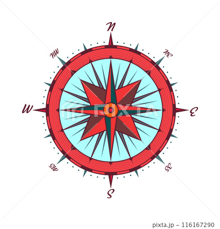 Vintage marine wind rose, nautical chart. Colorful navigational compass with cardinal directions of North, East, South, West. Geographical position, cartography and navigation. Vector illustration 116167290