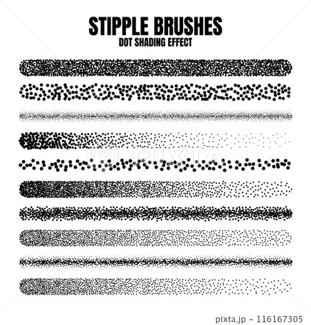 Stipple scatter brush, ink drawing and texturing. Fading gradient. Stippling, dotwork drawing, shading using dots. Halftone disintegration effect. White noise grainy texture. Vector illustration 116167305