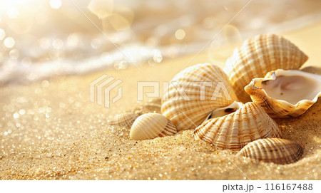 seashells on sandy beach background close up. 116167488