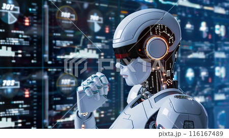 Futuristic Robot Analyzing Market Data in High Tech Setting. 116167489