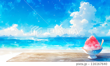 夏の海とかき氷の水彩イラスト背景 116167640
