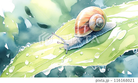 雨の日の葉っぱの上のカタツムリの水彩イラスト 116168021