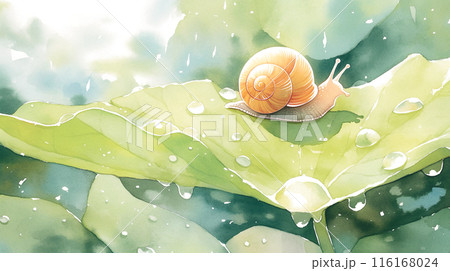 雨の日の葉っぱの上のカタツムリの水彩イラスト 116168024