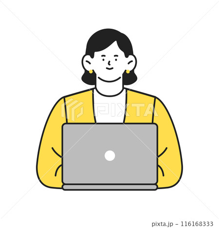 ノートパソコンを使うポジティブな表情のビジネスパーソンの女性イラスト 116168333