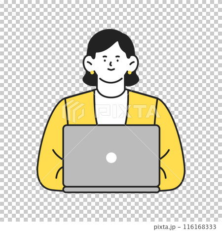 ノートパソコンを使うポジティブな表情のビジネスパーソンの女性イラスト 116168333