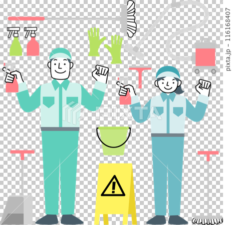 作業服を着た清掃作業員の女性と男性と清掃用具のセット 116168407