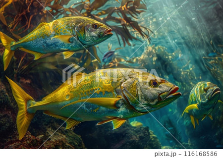 A vibrant yellow and blue fish swimming in clear blue water with kelp in the background A vibrant yellow and blue fish swimming in clear blue water with kelp in the background 116168586