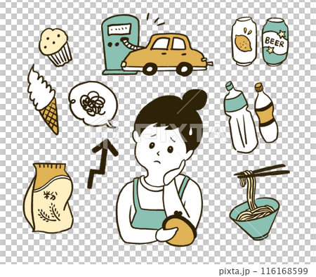 Illustration of a housewife who is in trouble with price increases 116168599