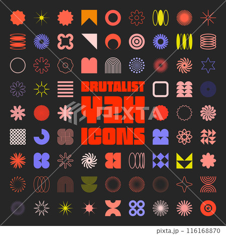 Brutalist geometric shapes, symbols. Simple primitive elements and forms. Retro design, trendy contemporary minimalist style, y2k. Vector illustration Brutalist geometric shapes, symbols. Simple primitive elements and forms. Retro design, trendy contemporary minimalist style, y2k. Vector illustration 116168870