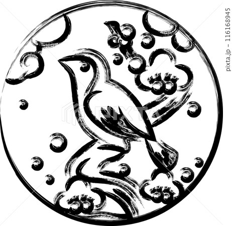 筆書き円形シンプル花札　鶯　如月　梅　2月　梅に鶯 116168945