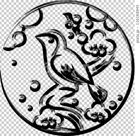 筆書き円形シンプル花札　鶯　如月　梅　2月　梅に鶯 116168945