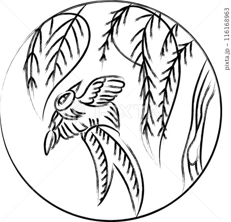 筆書き円形花札　霜月　栃　燕　11月　栃に燕 116168963