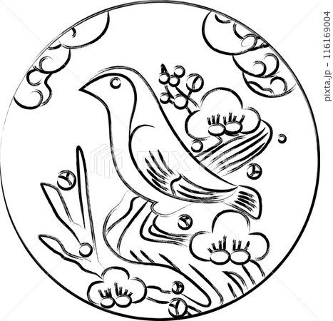 筆書き円形花札　鶯　如月　梅　2月　梅に鶯 116169004