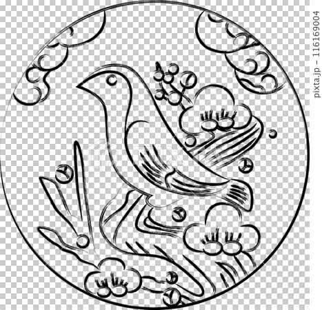 筆書き円形花札　鶯　如月　梅　2月　梅に鶯 116169004