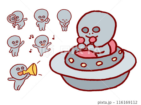 丸くてグレーのかわいい宇宙人のキャラ素材 116169112