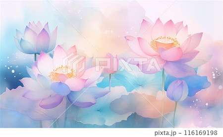 水面に浮かぶ蓮の花（水彩画・ロマンチック）のイラスト素材