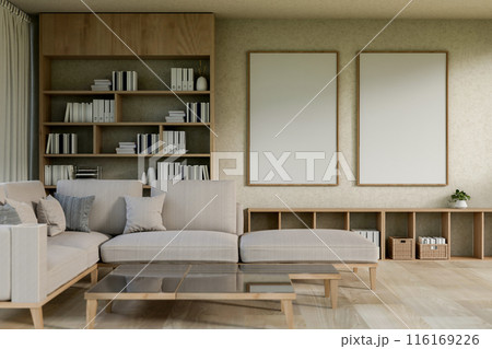 A cozy contemporary living room features a cozy grey L shape sofa, a coffee table, and deccor. 116169226