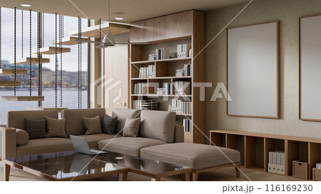 A modern luxurious living room features a cozy L shape sofa, a coffee table, stairs, and home decor. 116169230