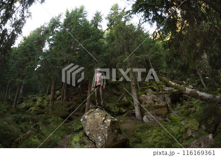 Man Standing on Rock in Forest: Nature Adventure and Exploration 116169361