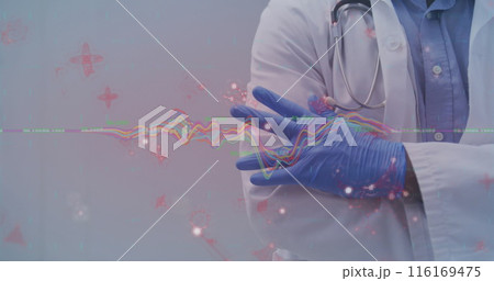 Image of data processing and molecular structures against mid section of doctor 116169475