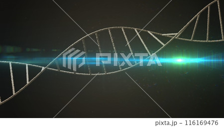 Image of spinning dna structure and glowing blue light spot against black background 116169476