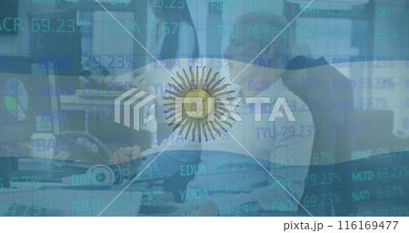 Image of flag of argentina over stock market and diverse business people in office Image of flag of argentina over stock market and diverse business people in office 116169477