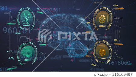 Image of dna strand, human brain and scientific data processing Image of dna strand, human brain and scientific data processing 116169497