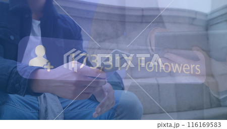 Image of woman using smartphone over spots over spots and smiling woman using smartphone 116169583