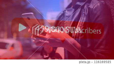 Image of increasing subscribers on a speech bubble over biracial woman using a smartphone 116169585