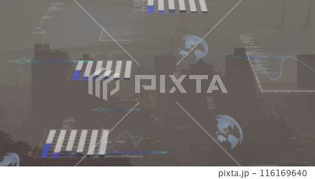 Image of data processing against aerial view of cityscape 116169640