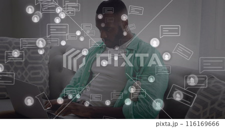 Image of message and profile icons, african american man sitting on sofa and working on computer 116169666