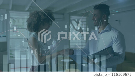 Image of financial data processing over diverse business people in office Image of financial data processing over diverse business people in office 116169673