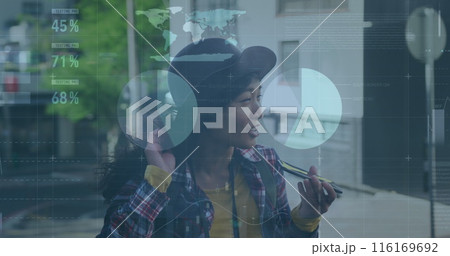 Image of data processing over biracial woman using smartphone 116169692