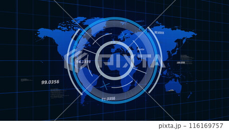 Data loading and processing over blue world map on black background 116169757